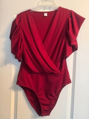 Red Draped V-Neck Bodysuit